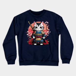 Japanese Samurai Cat Tattoo, Kawaii Ninja Cat Crewneck Sweatshirt